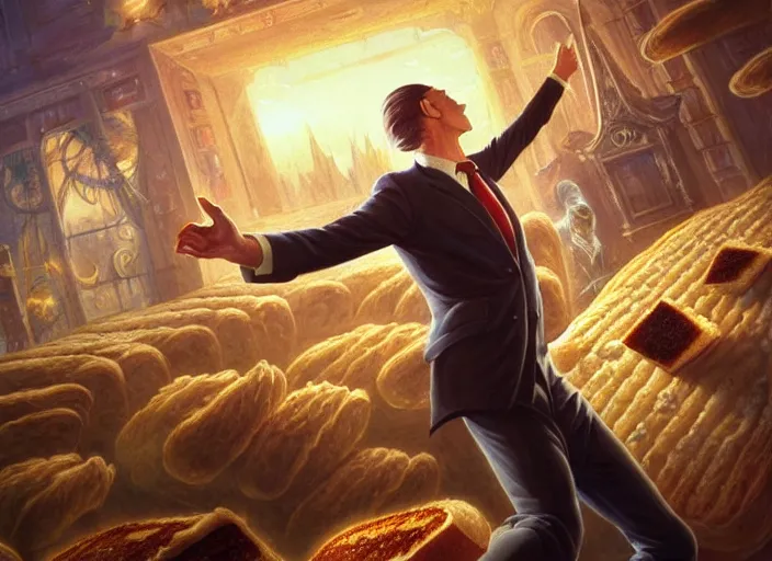 Image similar to a single giant magical piece of toast with a stern facial expression wearing a business suit and floating in the air, a crowd of breadloaves bowing down below, by marco bucci and frank frazetta, magic : the gathering fantasy concept art, high resolution, fantasy coloring, intricate, digital painting, artstation, smooth, sharp focus