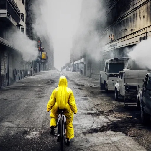 Image similar to a photo of a female wearing a hazmat suit, riding a bike, side-view, smoke in the background, filthy streets, broken cars. Vines growing. Jpeg artifacts. Full-color photo. Color color color color color. Award-winning photo. OM system 12–40mm PRO II 40mm, 1/100 sec, f/2 8, ISO 800