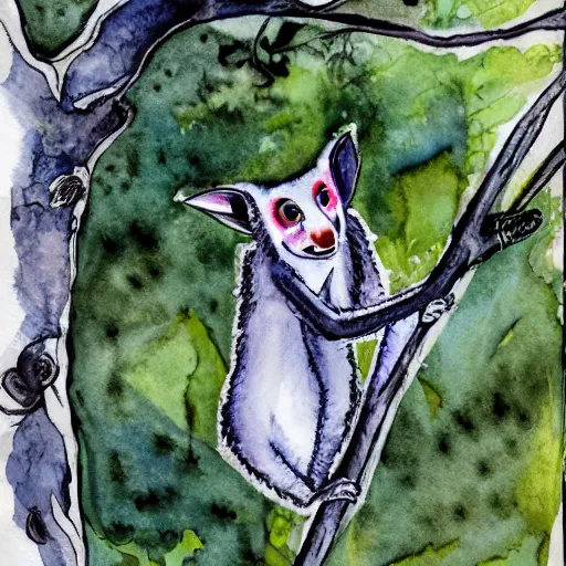 Image similar to an aye - aye in a tree. watercolour and ink