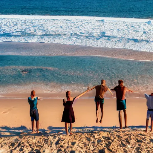 Prompt: a group of people standing on top of a sandy beach, a stock photo by demetrios farmakopoulos, shutterstock contest winner, verdadism, stockphoto, stock photo, photo taken with ektachrome