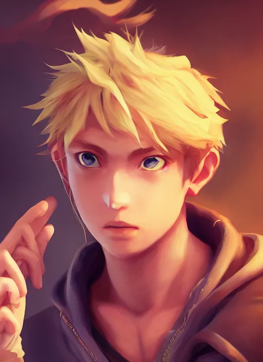 Image similar to An epic fantasy anime style portrait painting of a young blonde boy thief, unreal 5, DAZ, hyperrealistic, octane render, cosplay, RPG portrait, dynamic lighting