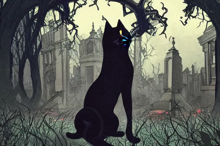 Image similar to an ultra detailed animation of a black cat in a graveyard at midnight on halloween, tattoo on shohulder, digital art, dark fantasy, concept art, soulslike, by alphonse mucha, blood moon eclipse, ruined building in the background, artstation, 8 k, unreal engine render