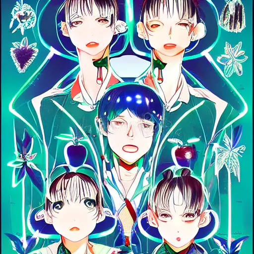 Image similar to ai yazawa cover illustration of very symmetrical portrait of teens in fruits magazine steetwear illustration of cute cool fashion worn in the far future with glowing led lights and plants, futuristic!!! haute couture fashion!!!!, nanotechnology and cybernetics!!! and solar power and prosthetic, detailed elegant manga illustration intaglio