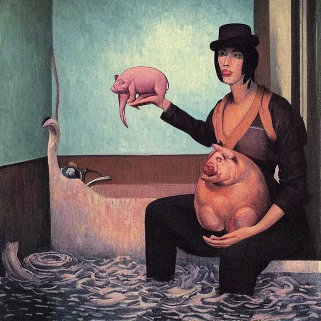 Prompt: tall female emo artist holding a pig in her flooded bathroom, octopus, water gushing from ceiling, painting of flood waters inside an artist's bathroom, a river flooding indoors, pomegranates, pigs, ikebana, zen, water, river, rapids, waterfall, canoe, berries, acrylic on canvas, surrealist, by magritte and monet