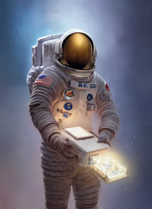 Image similar to portrait of an astronaut in a space suit holding a magical box, d & d, heartstone, digital painting, volumetric light, intricate, sharp, focus, bloom, illustration, highly detailed, concept art, matte, ruan jia, randy vargas, greg rutkowski