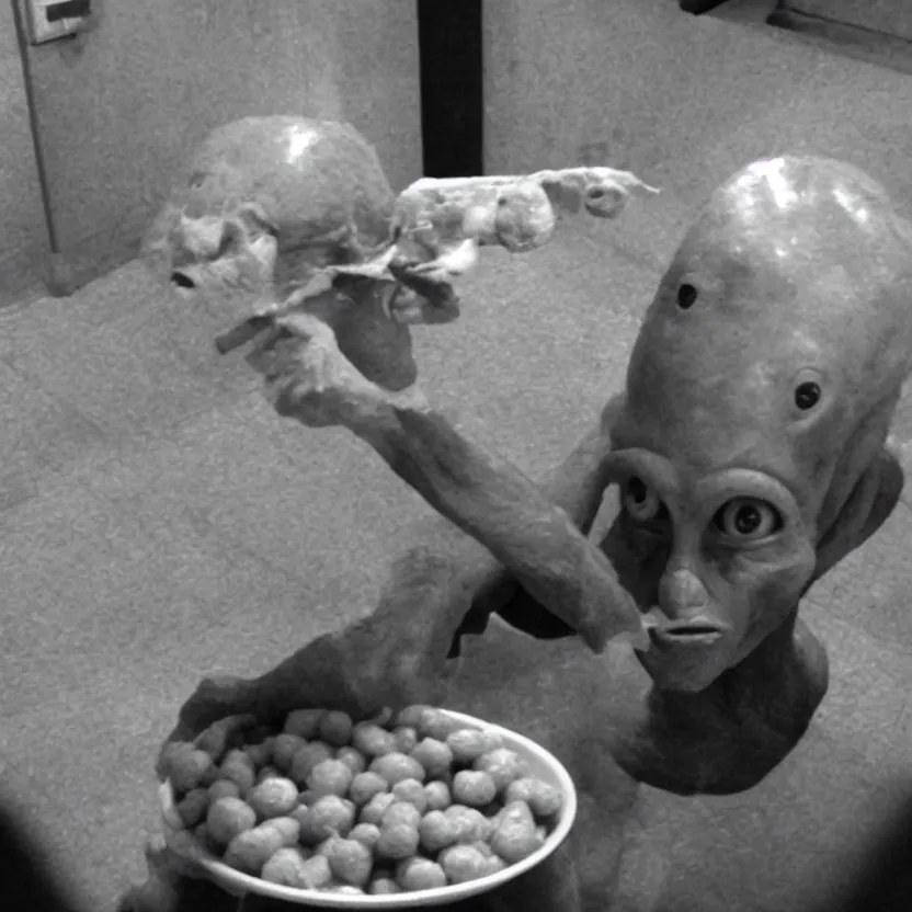 Image similar to i caught this alien trying to eat my gnocchis!, cctv camera footage, 2 0 1 4