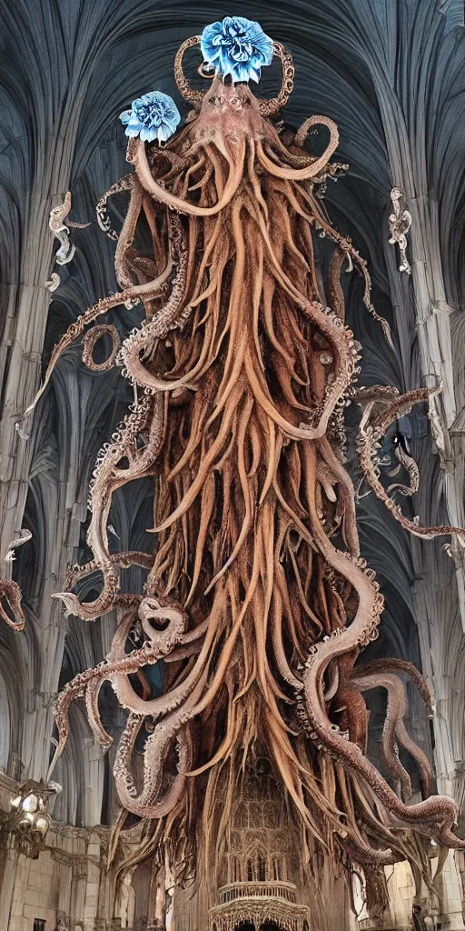 Image similar to group of mankind mages with octopus heads with jellyfish inside an ancient mage castle hall colossal scale, gothic and baroque, brutalist architecture, ultradetailed, Intricate by Ellen Jewett and Josan Gonzalez and Giuseppe Arcimboldo