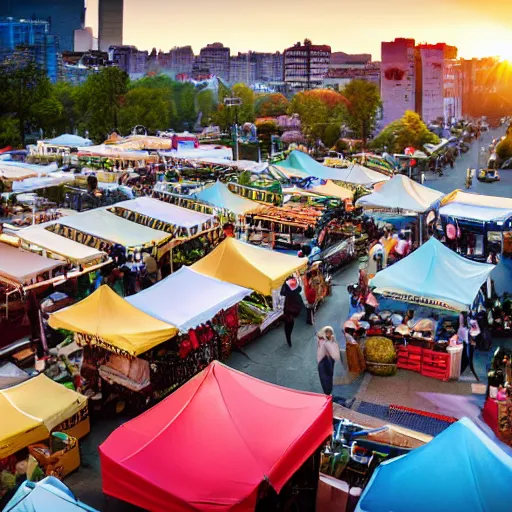 Image similar to film still, establishing shot of bustling farmers market, golden hour, high angle