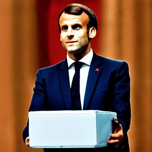 Prompt: Emmanuel Macron inside a shoe box American Psycho (1999)