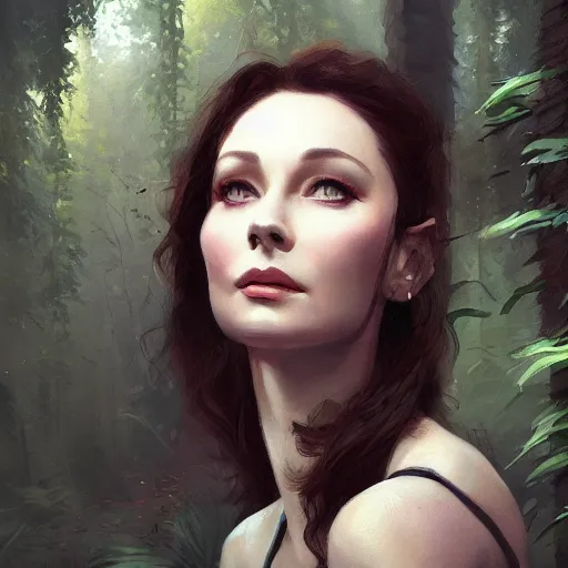 Prompt: closeup portrait of a young vivian leigh, forest background, megacity, gorgeous view, depth, high detail, digital art, painted by greg rutkowski, trending on artstation