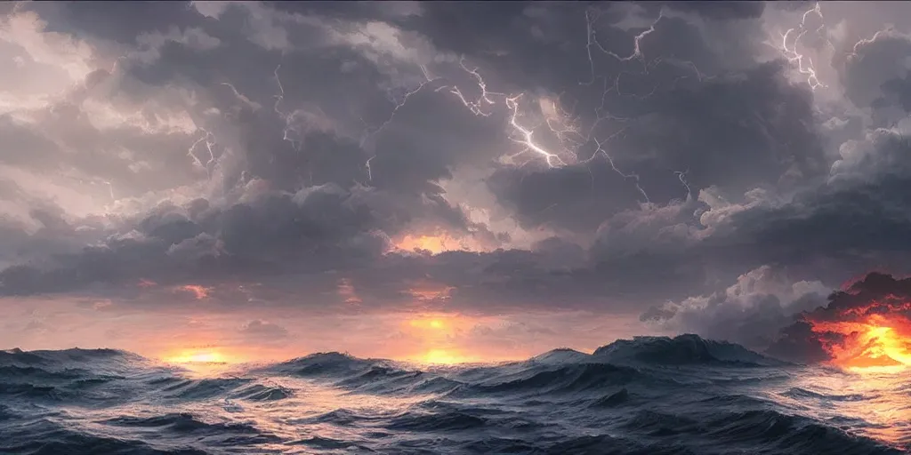 Prompt: A violent storm at sea, fork lightning, sunset, shafts of sunlight, magical, foreboding and epic, digital art by Greg Rutkowski and Studio Ghibli