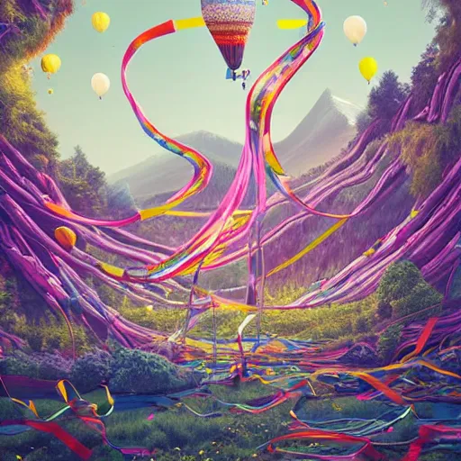 Prompt: inflatable landscape with forest, river and mountains in the middle of the frame colossal balloon surrounded by colorful ribbons and party confetti , concept art, huge scale, high detail, sci fi by James Jean