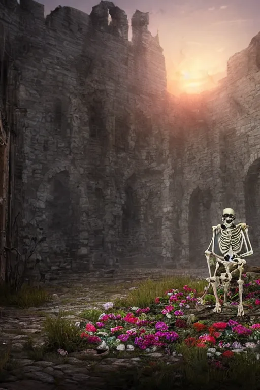 Image similar to a human skeleton full of flowers sitting in a destroyed and ruined throne in a ruined castle at sunrise, concept art, octane render, unreal engine 5, trending on Artstation, high quality, 8K, soft lighting, trending on DeviantArt, highly detailed, digital art, hyperrealistic, path traced, godrays, complementary colors, natural lighting, anatomically correct, five fingers