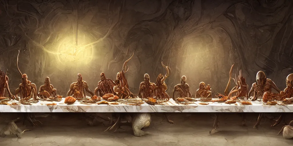 Image similar to !13 hungry aliens enjoying a rich salad around a marble table, !positioned as last supper cinematic lighting, dramatic framing, idilic, fantasy, highly detalied, 4k, artstation, by Wayne Barlowe