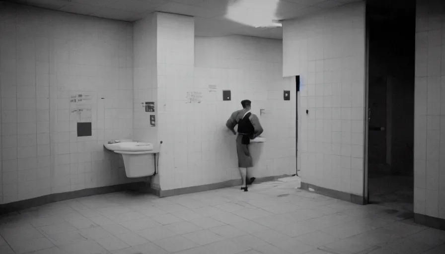 Image similar to 60s movie still of one bloody man in empty public toilets, cinestill 800t 50mm eastmancolor, liminal Space style, heavy grain-s 150