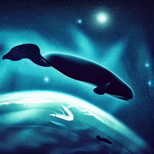 Image similar to portrait of space whale swimming on a dark night sky in space, flying across the universe, oniric, dreamy, beautiful, highly detailed, realistic, cinematic, dynamic composition