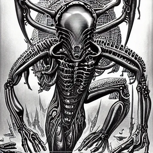 Image similar to a giant biomechanical alien monster by virgil finlay