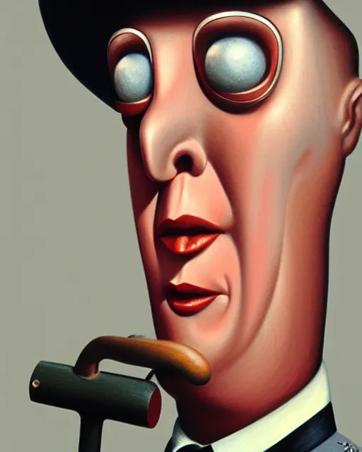 Prompt: closeup face profile portrait of a tin toy jacques tati, hyper realistic, artstation, illustration, nicoletta ceccoli, mark ryden, lostfish, max fleischer, digital paint, matte paint, vivid colors, dark, sinister, detailed and intricate environment