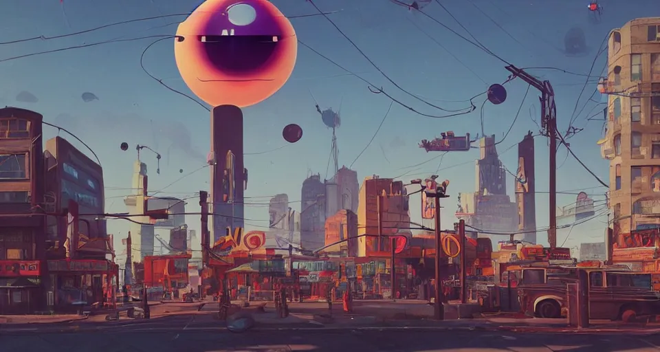 Prompt: A 1950s city scene with a GIANT LASER EYEBALL looming in the distance, rendered by simon stålenhag, rendered by Beeple, Makoto Shinkai, syd meade, environment concept, digital art, unreal engine, 3 point perspective, WLOP, trending on artstation, low level, 4K UHD image, octane render,