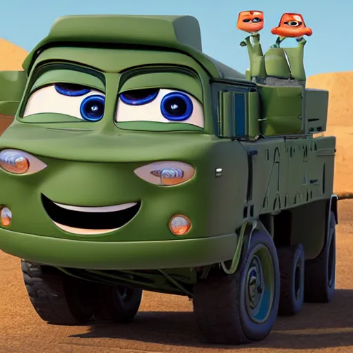 Image similar to HIMARS, Cars Pixar movie style, detailed, green