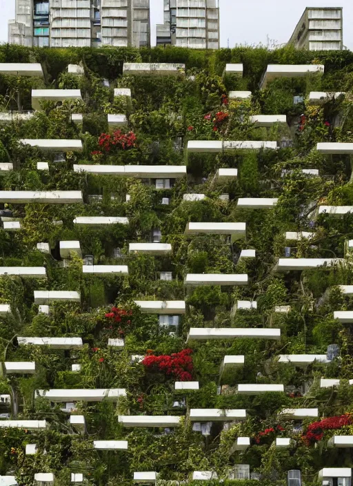 Image similar to brutalist garden city covered in vines and flowers by Denys Lasdun