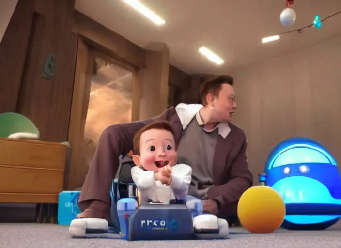 Image similar to elon musk as a toddler playing wirh his space rockets on a fluffy carpet, pixar, cinematic lighting