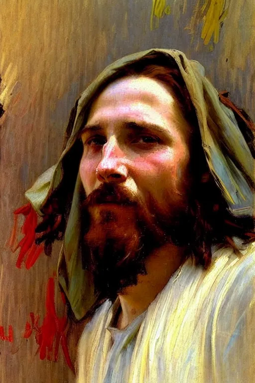 Image similar to impressionist brushstrokes!!!!!!!!! solomon joseph solomon and richard schmid and jeremy lipking victorian loose genre loose painting full length portrait painting of jesus with a slight smile happy inviting