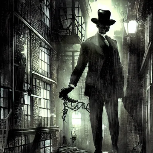 Image similar to a detective in arkham city in the 1 9 2 0's, lovecraftian, noir, concept art, extremely detailed, eerie, art lighting