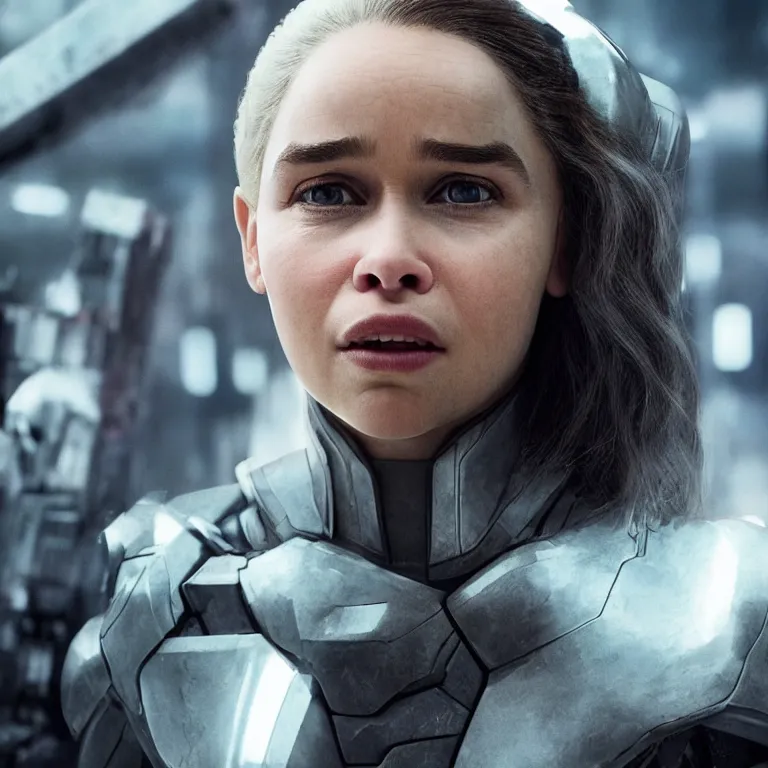 Prompt: scifi emilia clarke looks like ghost in the shell, extremely high detail, smiling woman, cyborg, photorealism, emilia clarke, sony a 7 r