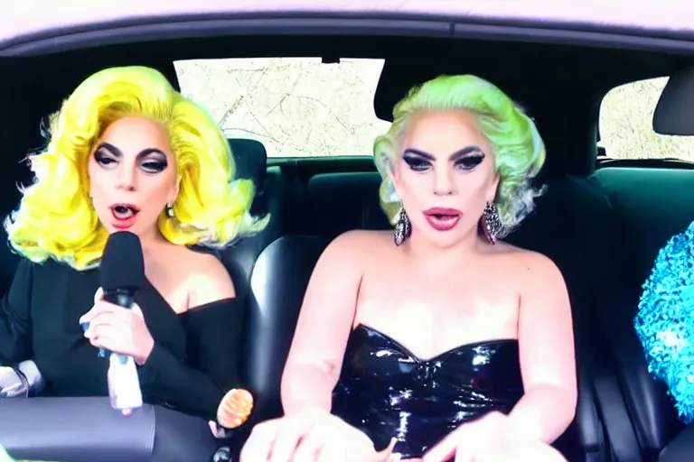 Prompt: lady gaga and judy garland carpool karaoke, highly realistic, highly detailed, high resolution, 8 k 4 k,