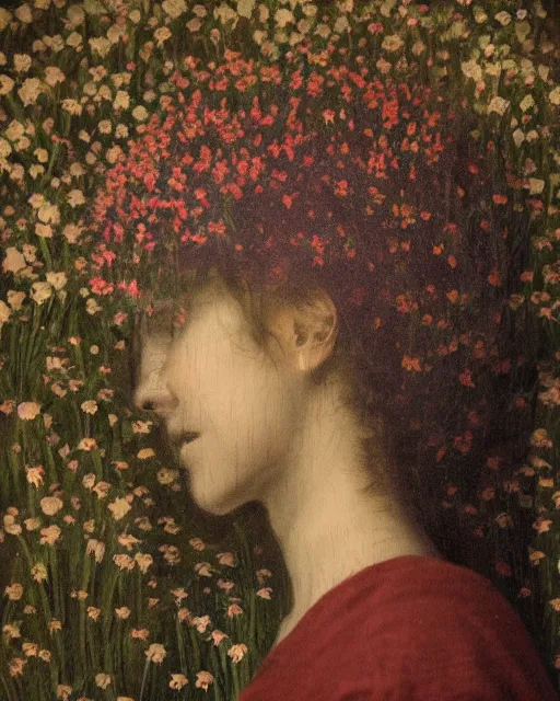 Prompt: a woman's face in profile, made of wildflowers, in the style of the dutch masters and gregory crewdson, dark and moody