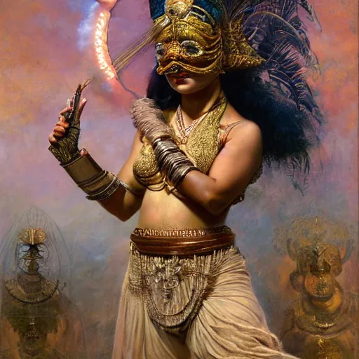 Image similar to detailed full body of hindu traditional woman blindfolded by high - tech steam punk face armour, girl graceful,, painting by gaston bussiere, craig mullins, j. c. leyendecker, lights, art by ernst haeckel, john william godward, hammershøi,,