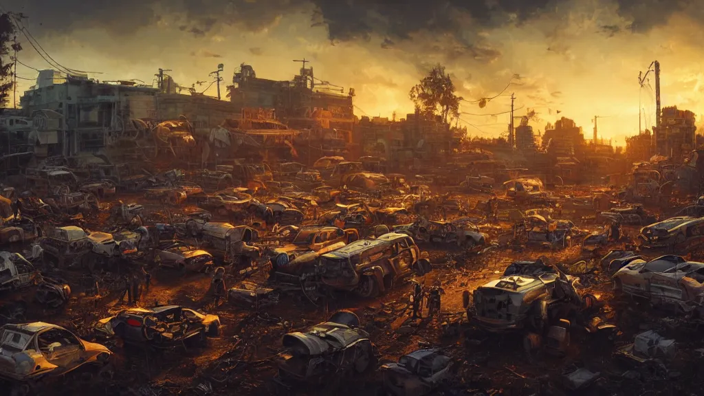 Image similar to a Photorealistic hyperrealistic render of a Robot Junkyard full of weathered and well worn down Robots by PIXAR,Greg Rutkowski,WLOP,Artgerm,dramatic moody sunset lighting,long shadows,Volumetric, cinematic atmosphere, Octane Render,Artstation,8k