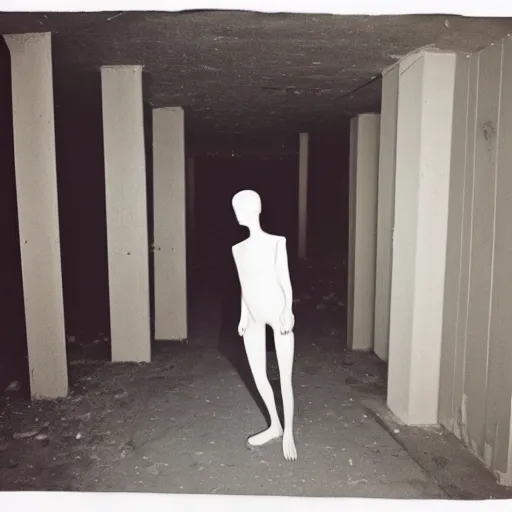 Image similar to Photograph of an abandoned 1940s liminal space, creepy mannequin standing in corner, dark, no lights, moist, taken using a film camera with 35mm expired film, bright camera flash enabled, award winning photograph, creepy, liminal space