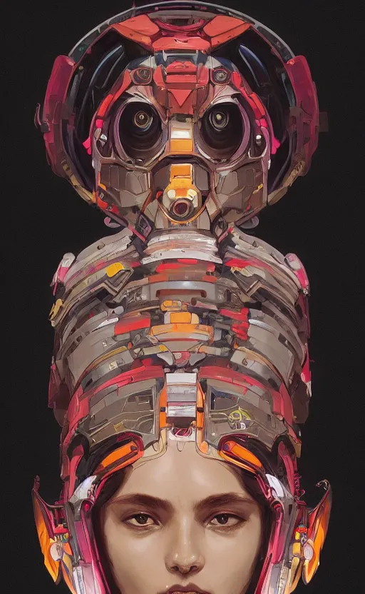 Image similar to upper half portrait of colourful army mecha robot - black background, art by hsiao - ron cheng & alphonse mucha, highly detailed, digital painting, concept art, illustration, smooth sharp focus, intricate, symmetry, artstation,