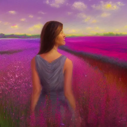 Image similar to woman standing in flower field, mattepainting, artstation, impressionism, blooming flower head