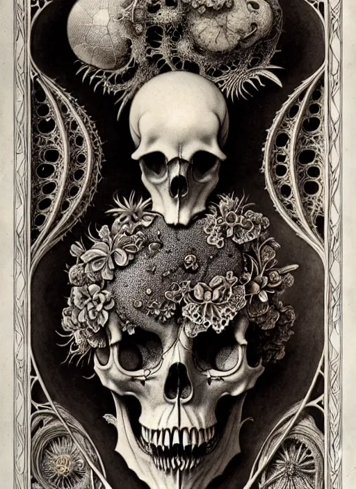 Image similar to art forms of nature by ernst haeckel, memento mori by arthur rackham, ornate antique porcelain beautiful skull mask, ultrasharp, photorealistic, hyperdetailed, octane render, polished, art nouveau, neo - gothic, gothic, intricate ornamental organic filigree, art nouveau botanicals, art forms of nature by ernst haeckel, horizontal symmetry, symbolist, visionary