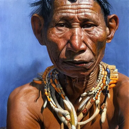 Image similar to high quality high detail painting by lucian freud, hd, full body of a indigenous tribe leader, photorealistic lighting