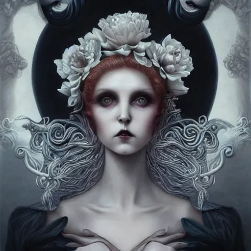 Image similar to By Tom Bagshaw, ultra realist soft painting of a curiosities carnival spikes flowers and tentacles by night, beautiful dark eyed evil porcelain doll in full long dress, symmetry accurate features, very intricate details, omnious sky, black and white, volumetric light clouds