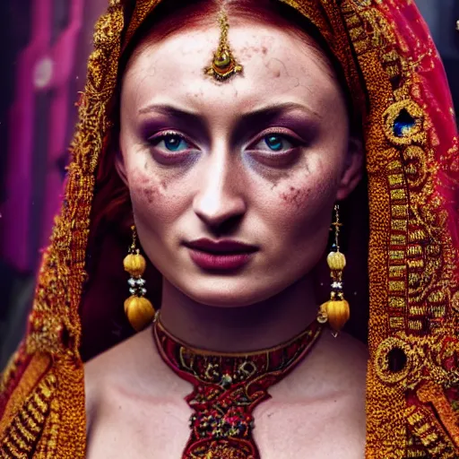 Prompt: 3 5 mm coloured film portrait of sophie turner as javanese bride, hyperrealism, photorealistic, detailed, atmospheric, 8 k, award winning photography, cinematic