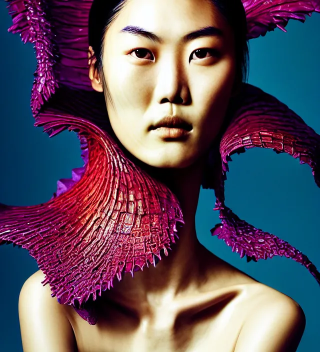 Image similar to photography facial portrait of liu wen, natural background, natural pose, wearing stunning cape by iris van herpen, with a colorfull makeup. highly detailed, skin grain detail, photography by paolo roversi, nick knight, helmut newton, avedon, araki