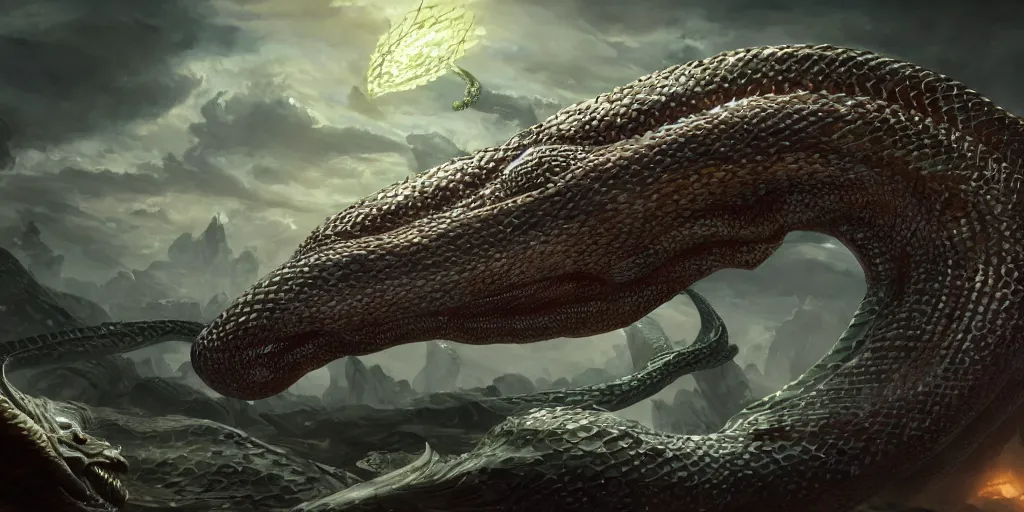 Image similar to shot of a jormungandr, epic scale, fantasy, cinematic lighting, artstation, trending, highly detailed, focus, smooth, by hirohiko araki and yoshitaka amano