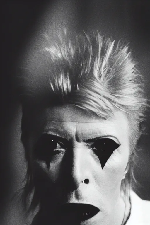 Image similar to david bowie with bright glowing eyes, staring into rhe camera, standing creepily in the middle of the room, black background, dark room, dramatic lighting