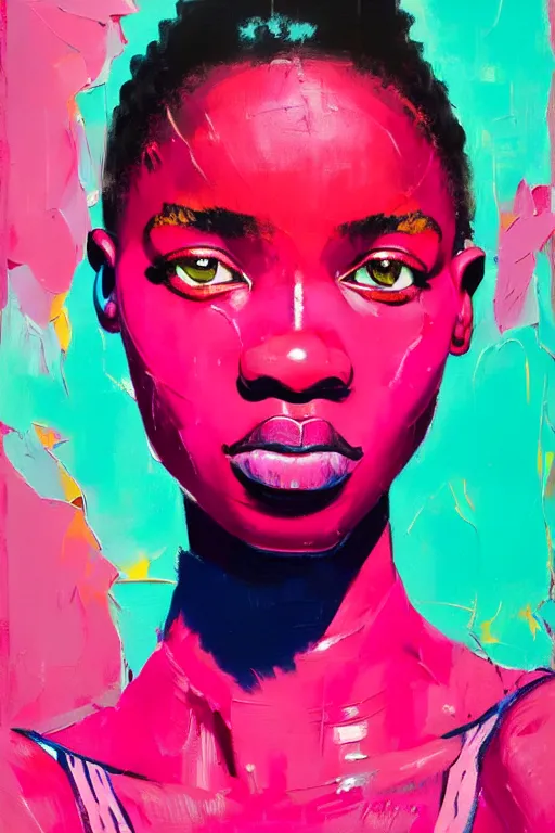 Image similar to portrait of a stylized african young lady, painted in acrylic, pigment textures, wet paint, in the colors hot pink and cyan, beautiful realistic face, rule of thirds, spotlight, by greg rutkowski, by jeremy mann, by francoise nielly, by van gogh, by ross tran, in focus