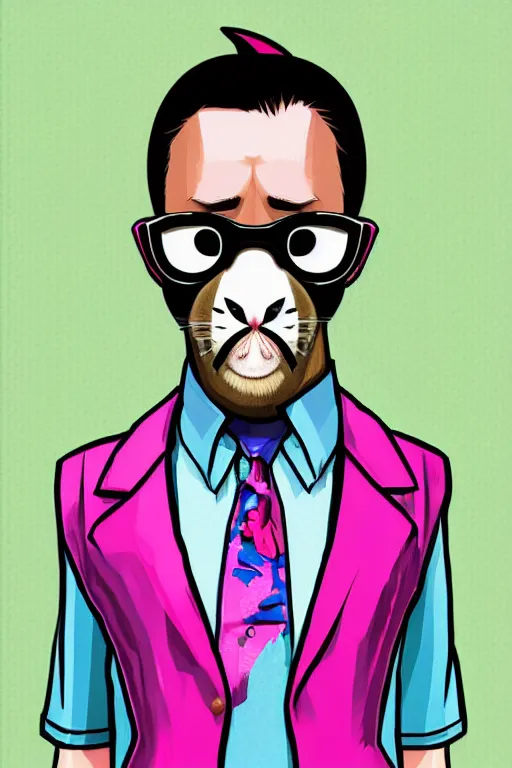 Image similar to man wearing an blouses with a bunny mask with one ear cut off. pop art, pixel, gta vice city art style, face features, body features, ultra realistic details, digital painting, concept art, smooth, sharp focus, illustration, intecrate details, elegant, confident posse, art by mark millar and richard hamilton and mimmo rottela