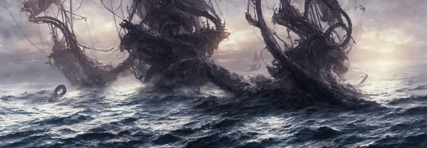 Image similar to kraken destroy Sailing ship, tentacles rising from the sea, magic the gathering art, art by greg rutkowski, fantasy rpg