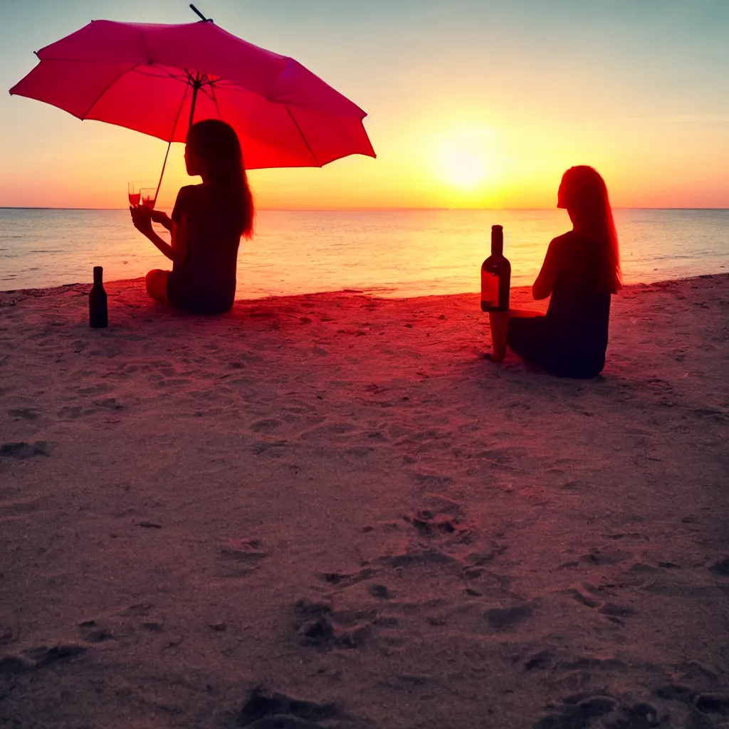 Image similar to a sad girl in a t - shirt sits on the beach under an umbrella and drinks vodka from a bottle, sunset, russia, cinematic, landscape