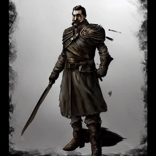 Image similar to fantasy concept art of stalin as a boss in dark souls, colored, trending on artstation