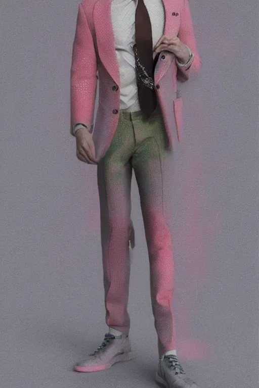 Image similar to a scene with a character wearing a super detailed muted color diy! suit with fluo details, vivienne westwood!, detailed photoreal render octane render, pointillism, full body