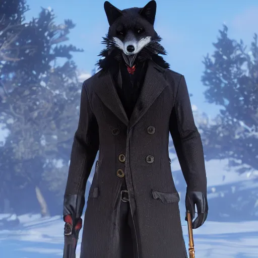 Image similar to anthropomorphic black fox, dressed as a rich man, in game screenshot of red dead redemption 2